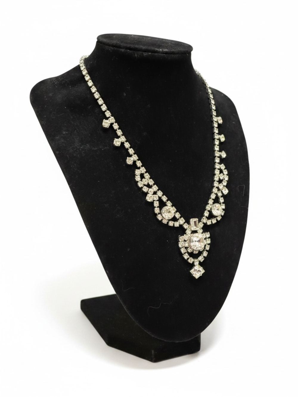 Vintage Rhinestone Statement Necklace Silver Tone Bridal Prom Glam